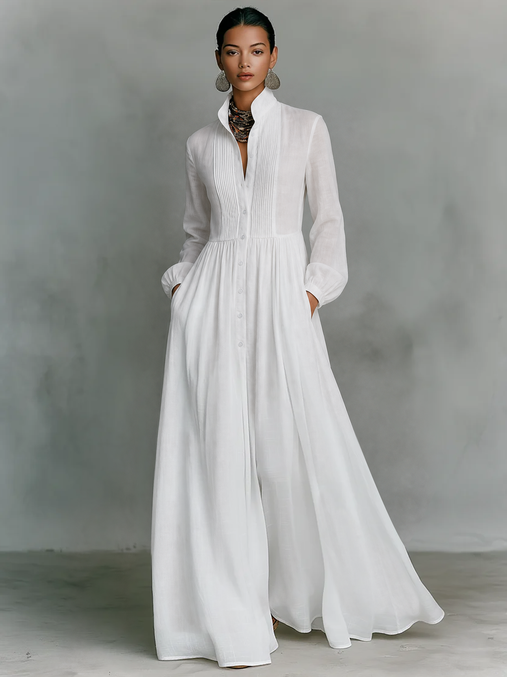 Vestido Maxi Minimalista de Mujer en Tencel y Lino, Patchwork, Cuello Alto, Manga Larga