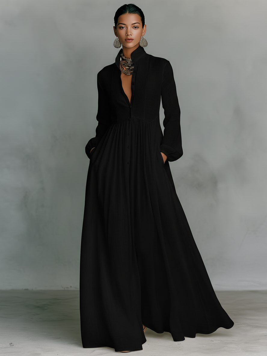 Vestido Maxi Minimalista de Mujer en Tencel y Lino, Patchwork, Cuello Alto, Manga Larga