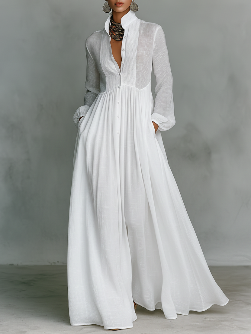 Vestido Maxi Minimalista de Mujer en Tencel y Lino, Patchwork, Cuello Alto, Manga Larga