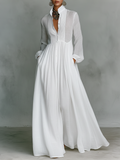 Vestido Maxi Minimalista de Mujer en Tencel y Lino, Patchwork, Cuello Alto, Manga Larga