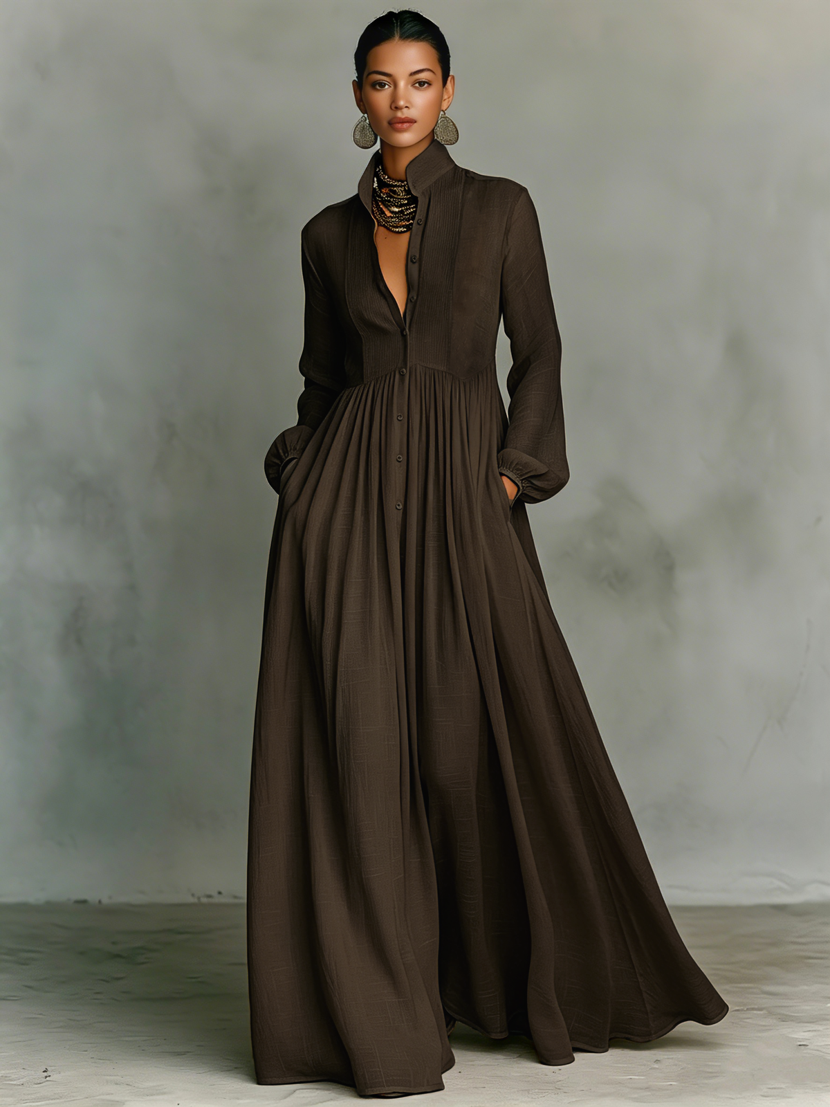 Vestido Maxi Minimalista de Mujer en Tencel y Lino, Patchwork, Cuello Alto, Manga Larga