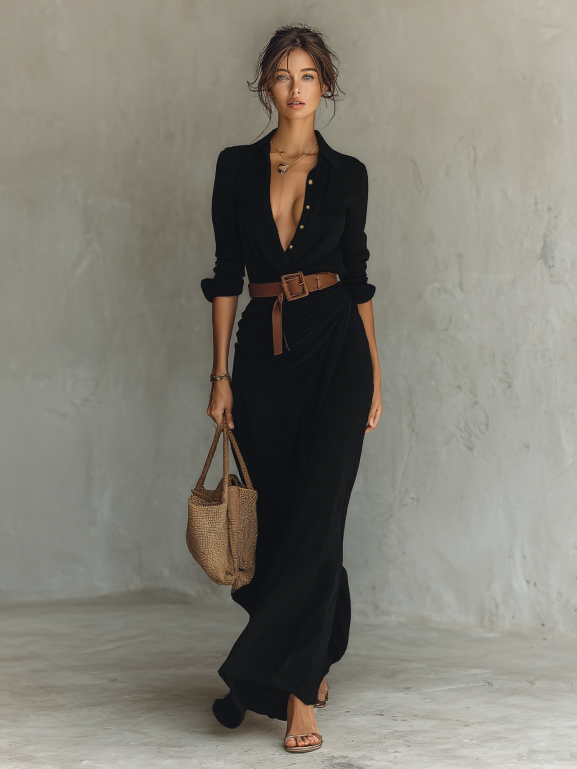 Vestido Maxi de Mujer con Solapa, Cruzado, Manga Larga y Cinturón