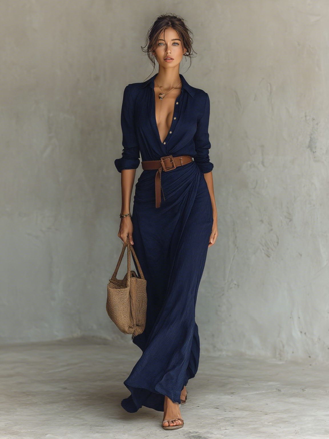 Vestido Maxi de Mujer con Solapa, Cruzado, Manga Larga y Cinturón