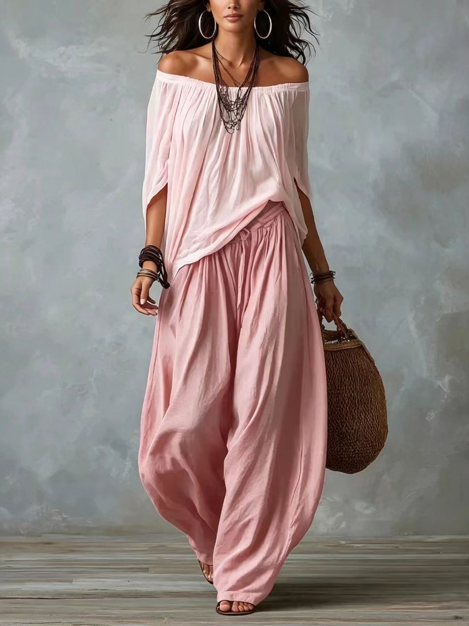 Conjunto de Top Blanco de Hombros Descubiertos y Pantalón Holgado Tipo Farol