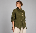 Delfina | Jersey de terciopelo acanalado con cuello alto y botones en diagonal, verde oliva