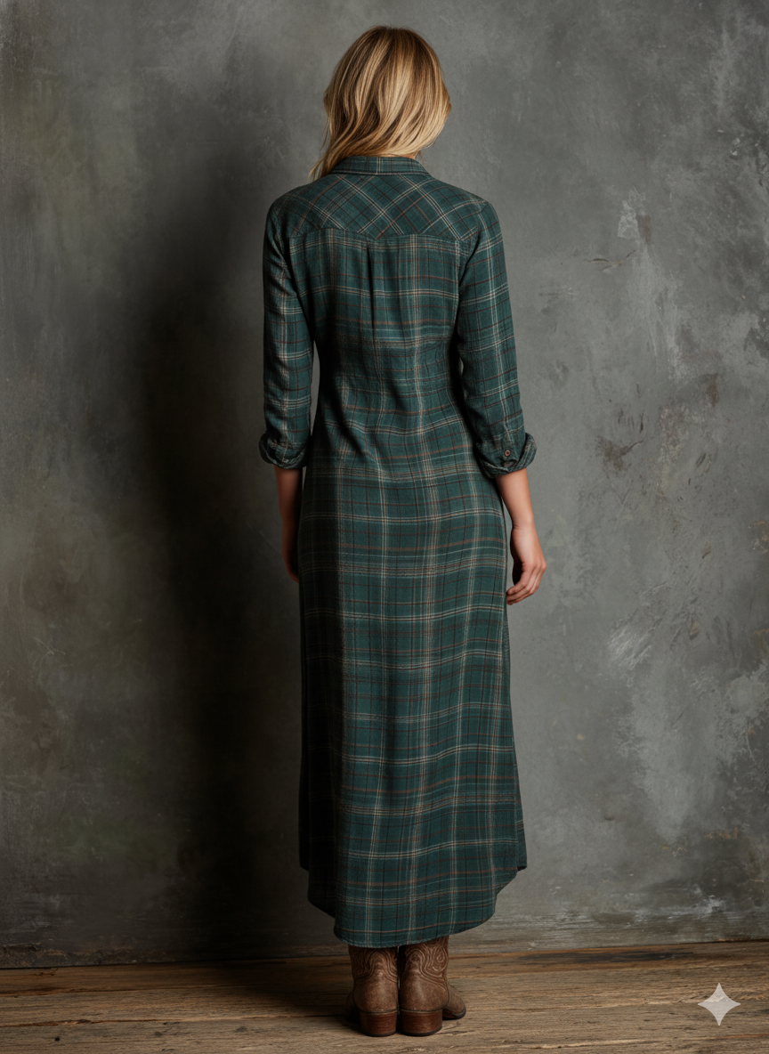 Vestido Maxi de Mujer Tipo Camisa de Cuadros, Cruzado