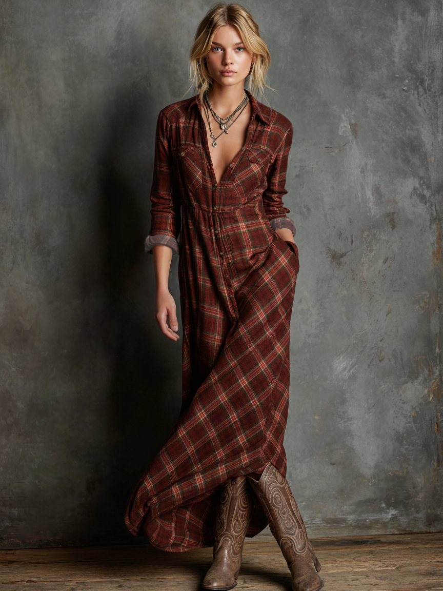 Vestido Maxi de Mujer Tipo Camisa de Cuadros, Cruzado