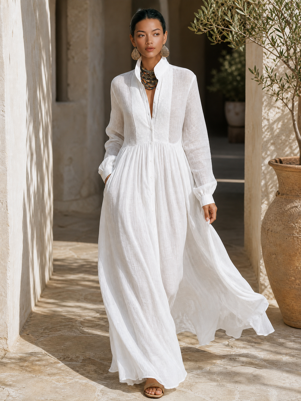 Vestido Maxi Minimalista de Mujer en Tencel y Lino, Patchwork, Cuello Alto, Manga Larga