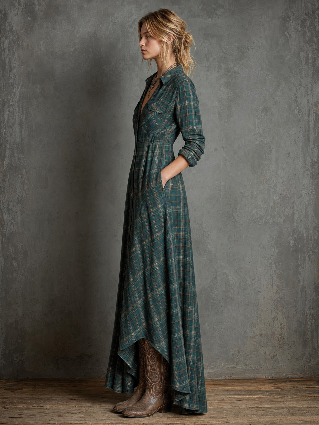 Vestido Maxi de Mujer Tipo Camisa de Cuadros, Cruzado