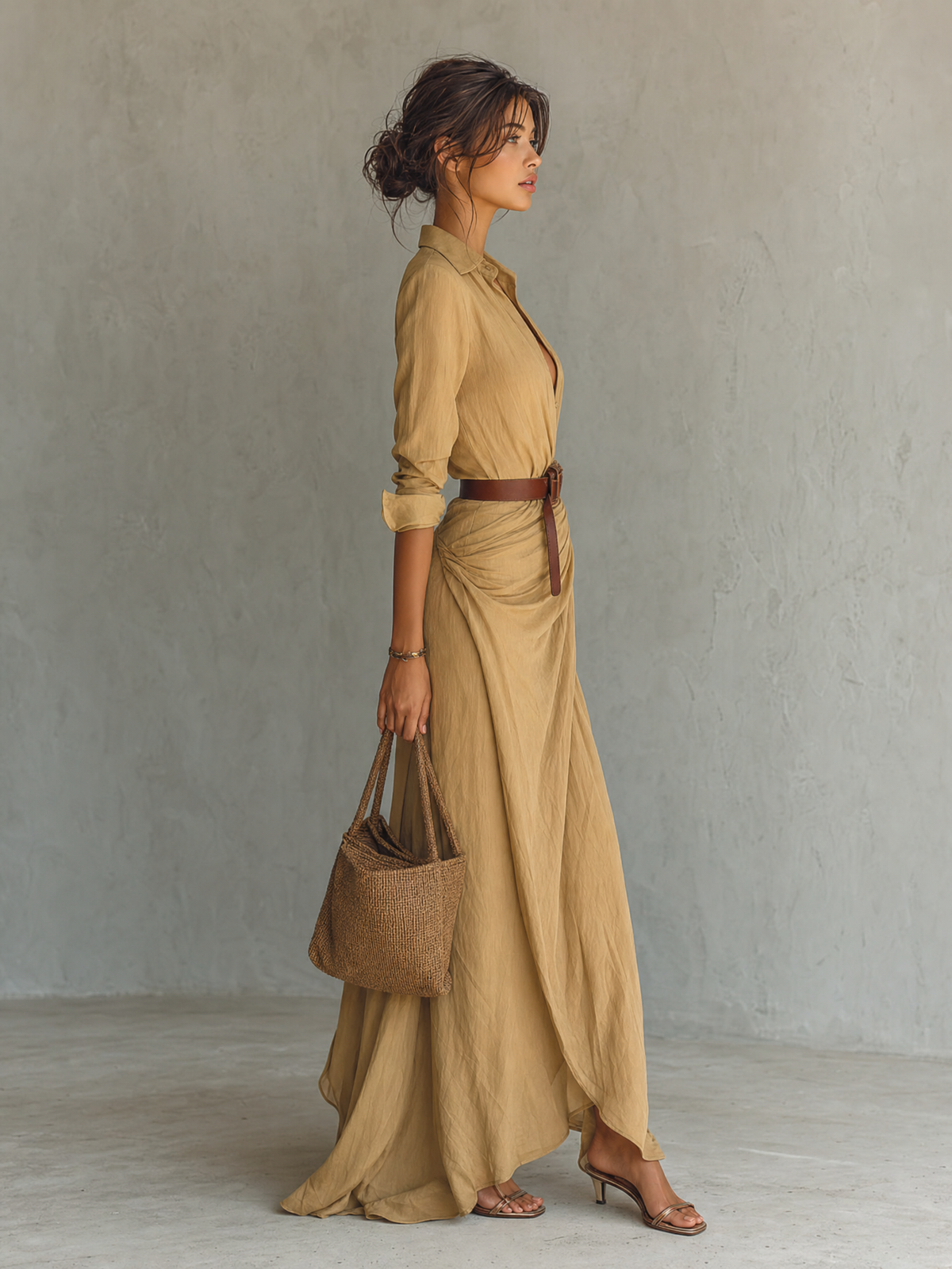 Vestido Maxi de Mujer con Solapa, Cruzado, Manga Larga y Cinturón