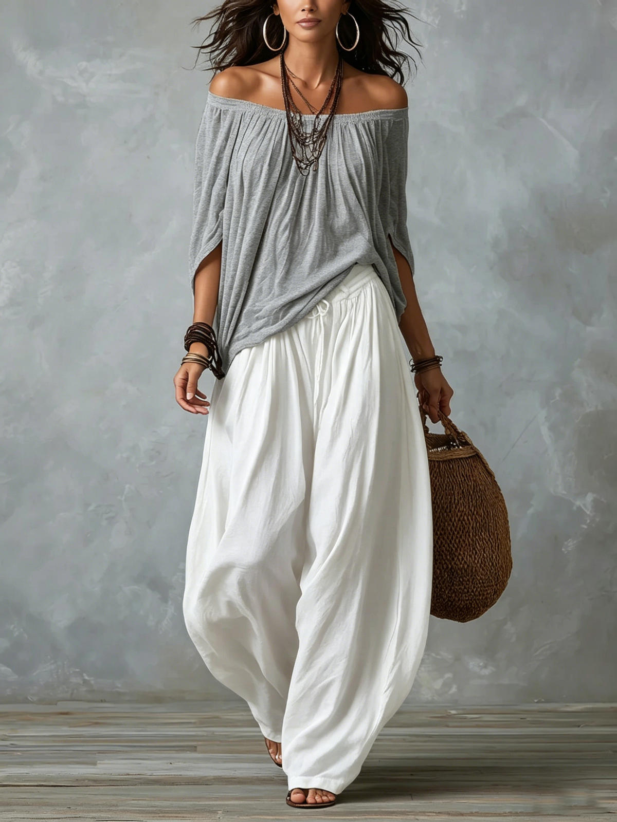 Conjunto de Top Blanco de Hombros Descubiertos y Pantalón Holgado Tipo Farol