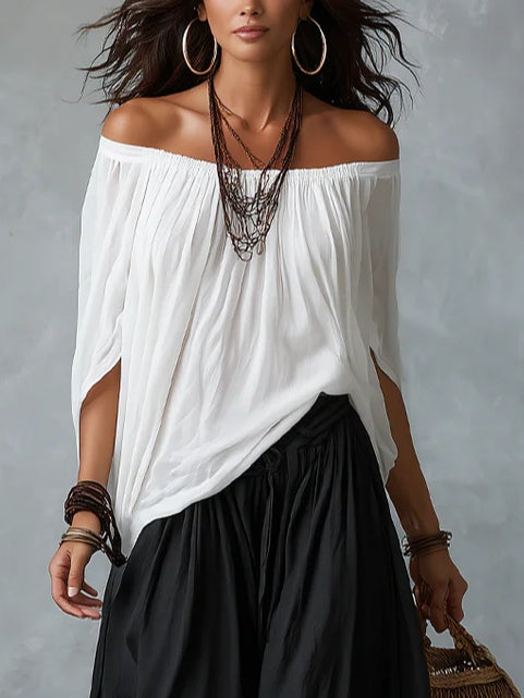 Conjunto de Top Blanco de Hombros Descubiertos y Pantalón Holgado Tipo Farol