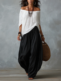 Conjunto de Top Blanco de Hombros Descubiertos y Pantalón Holgado Tipo Farol