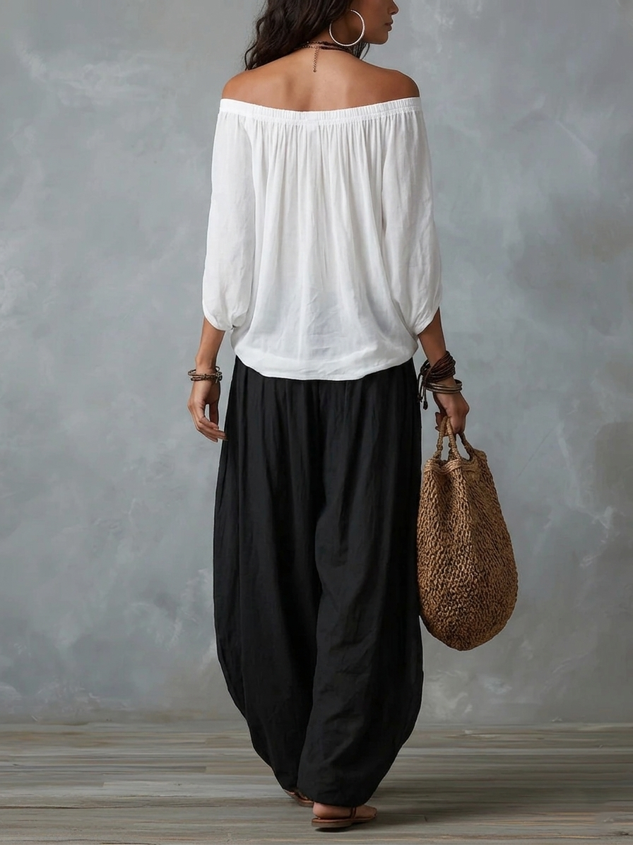 Conjunto de Top Blanco de Hombros Descubiertos y Pantalón Holgado Tipo Farol