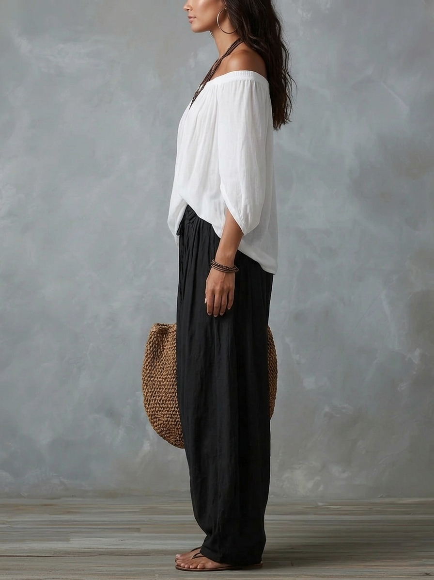 Conjunto de Top Blanco de Hombros Descubiertos y Pantalón Holgado Tipo Farol