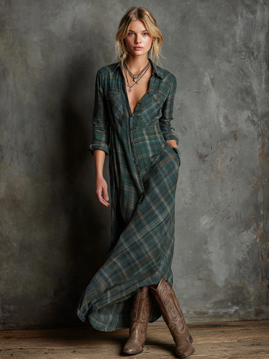 Vestido Maxi de Mujer Tipo Camisa de Cuadros, Cruzado
