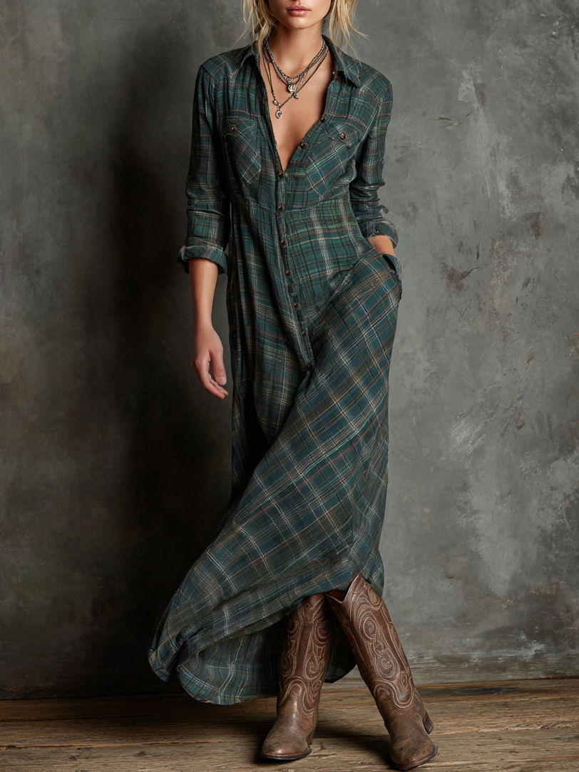 Vestido Maxi de Mujer Tipo Camisa de Cuadros, Cruzado