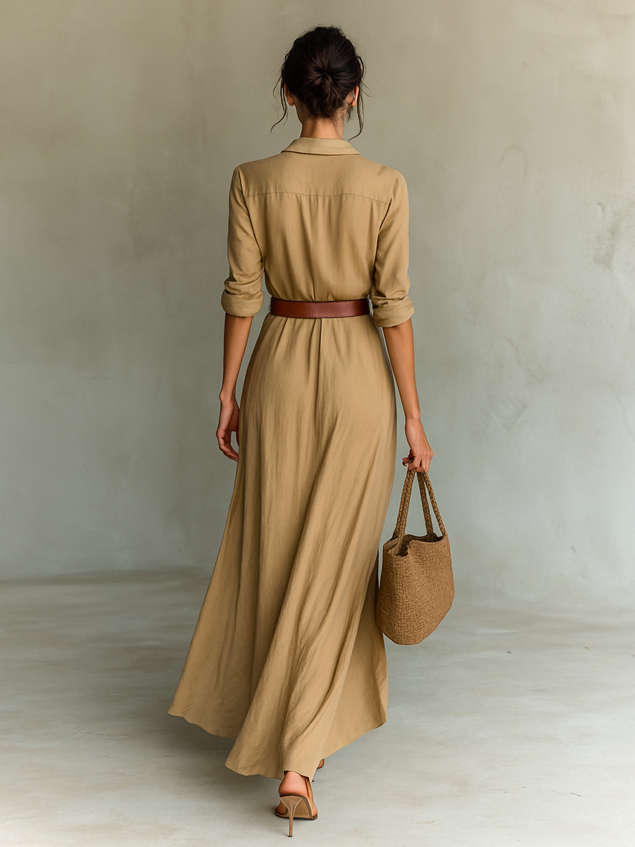 Vestido Maxi de Mujer con Solapa, Cruzado, Manga Larga y Cinturón
