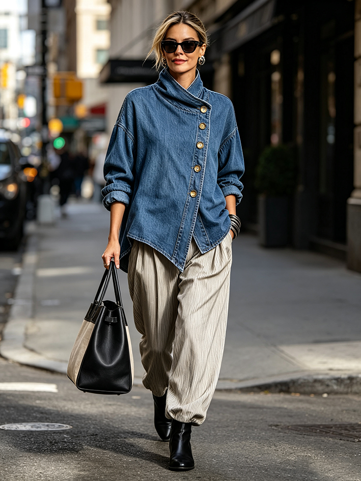 Isotta | Camisa Oversize en Denim con Abotonadura Diagonal, Azul