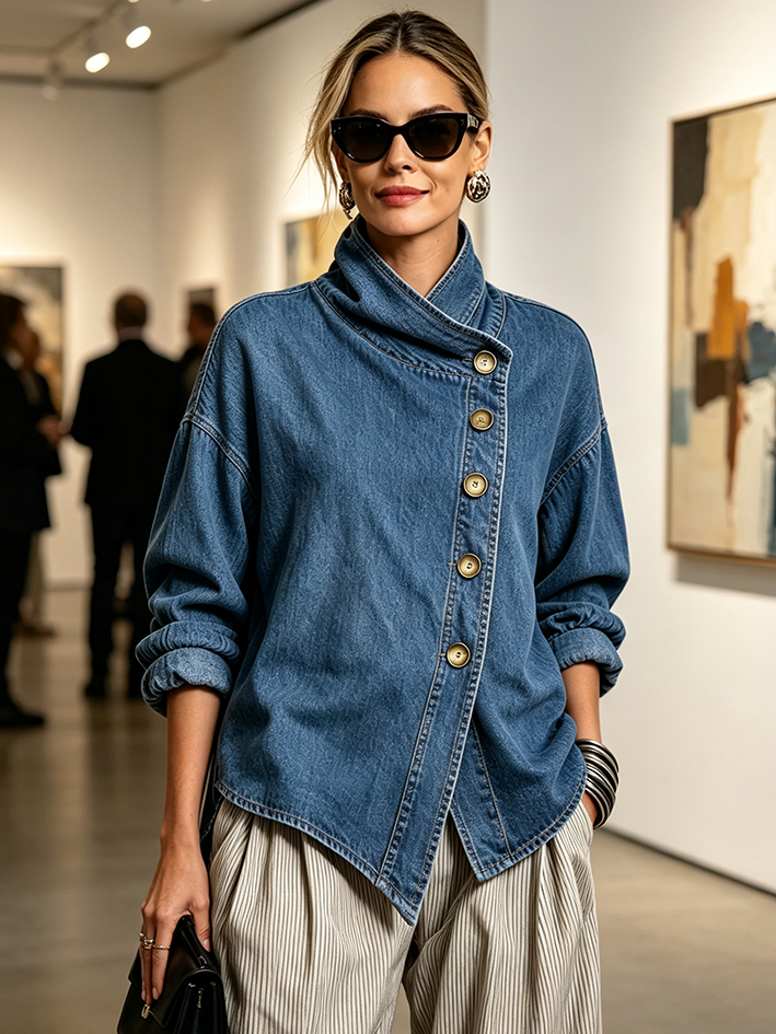 Isotta | Camisa Oversize en Denim con Abotonadura Diagonal, Azul