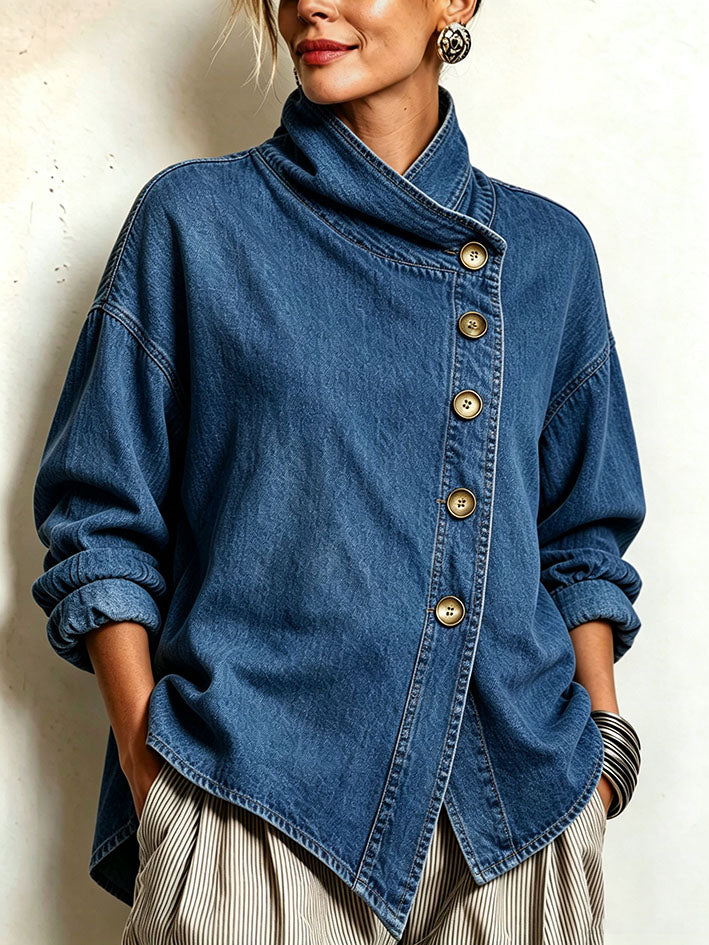 Isotta | Camisa Oversize en Denim con Abotonadura Diagonal, Azul